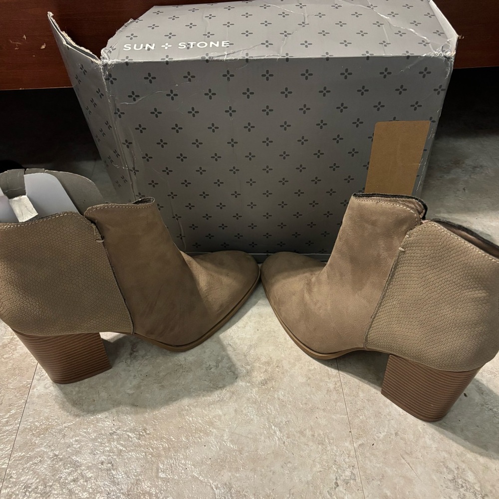 Sun + Stone Tan Ankle Booties with Chunky Heel